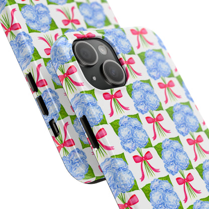 Blue Watercolor Hydrangea Bouquets with Hot Pink Bows Illustrated Patterned Tough Phone Case | Various Models