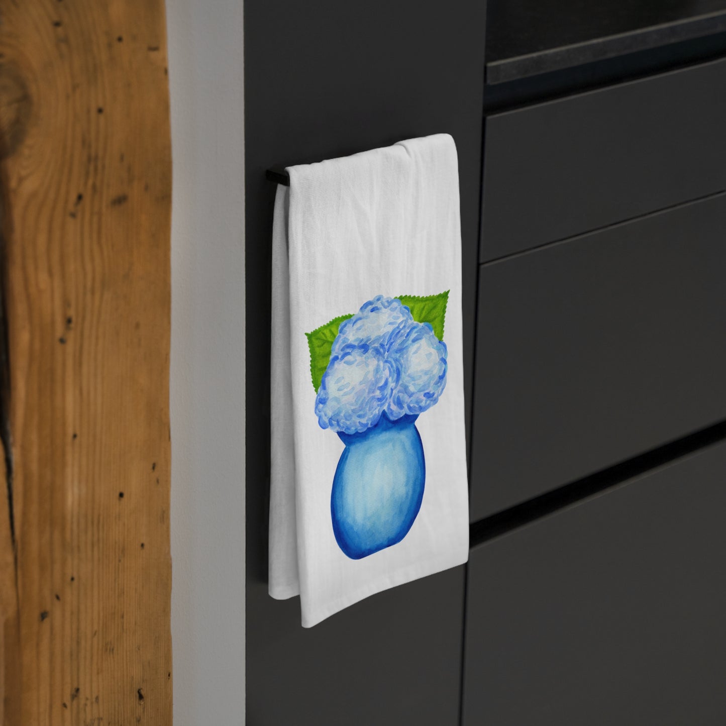 Tea Towel | Blue Watercolor Hydrangeas in Blue Vase Printed Illustration | Preppy Coastal Grand Millennial Kitchen Decor