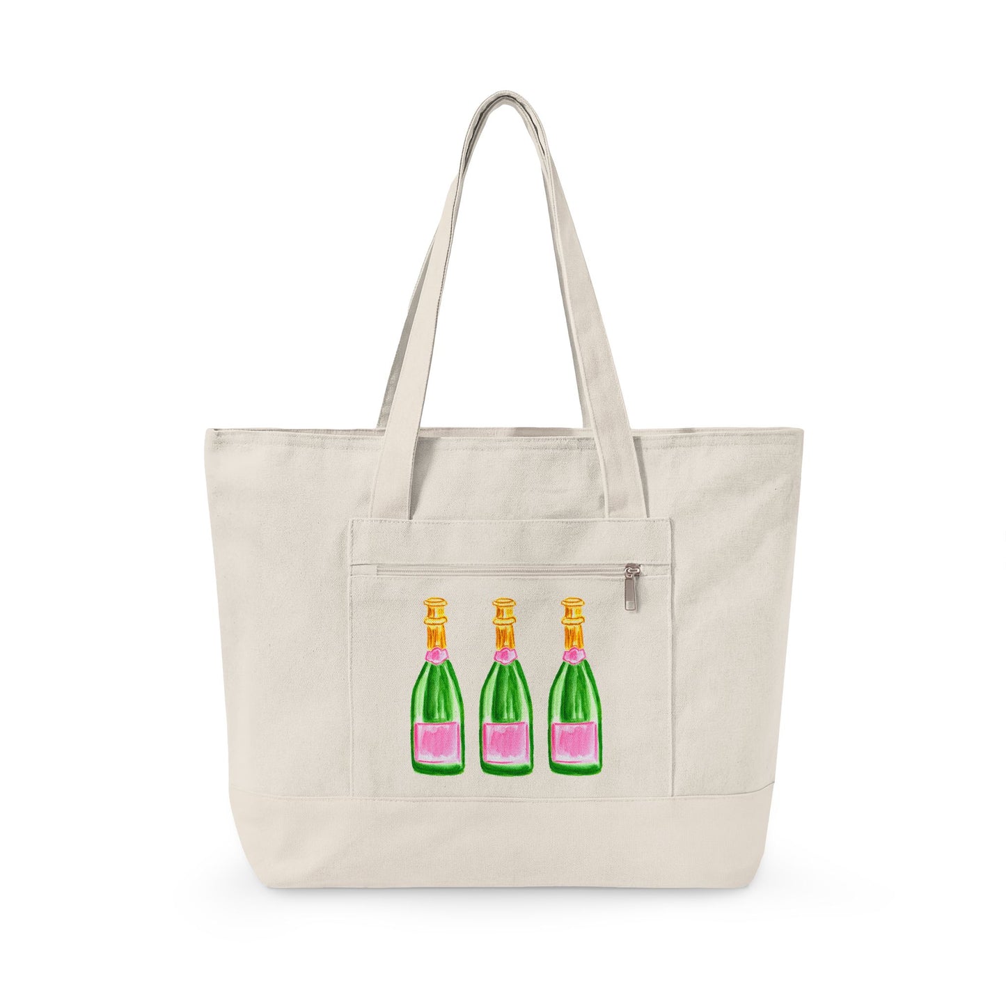 Pink & Green Champagne Bottle Trio Watercolor Printed Zippered Canvas Tote 18" x 14" | Various Colors 18" x 14" x 4.5" Natural