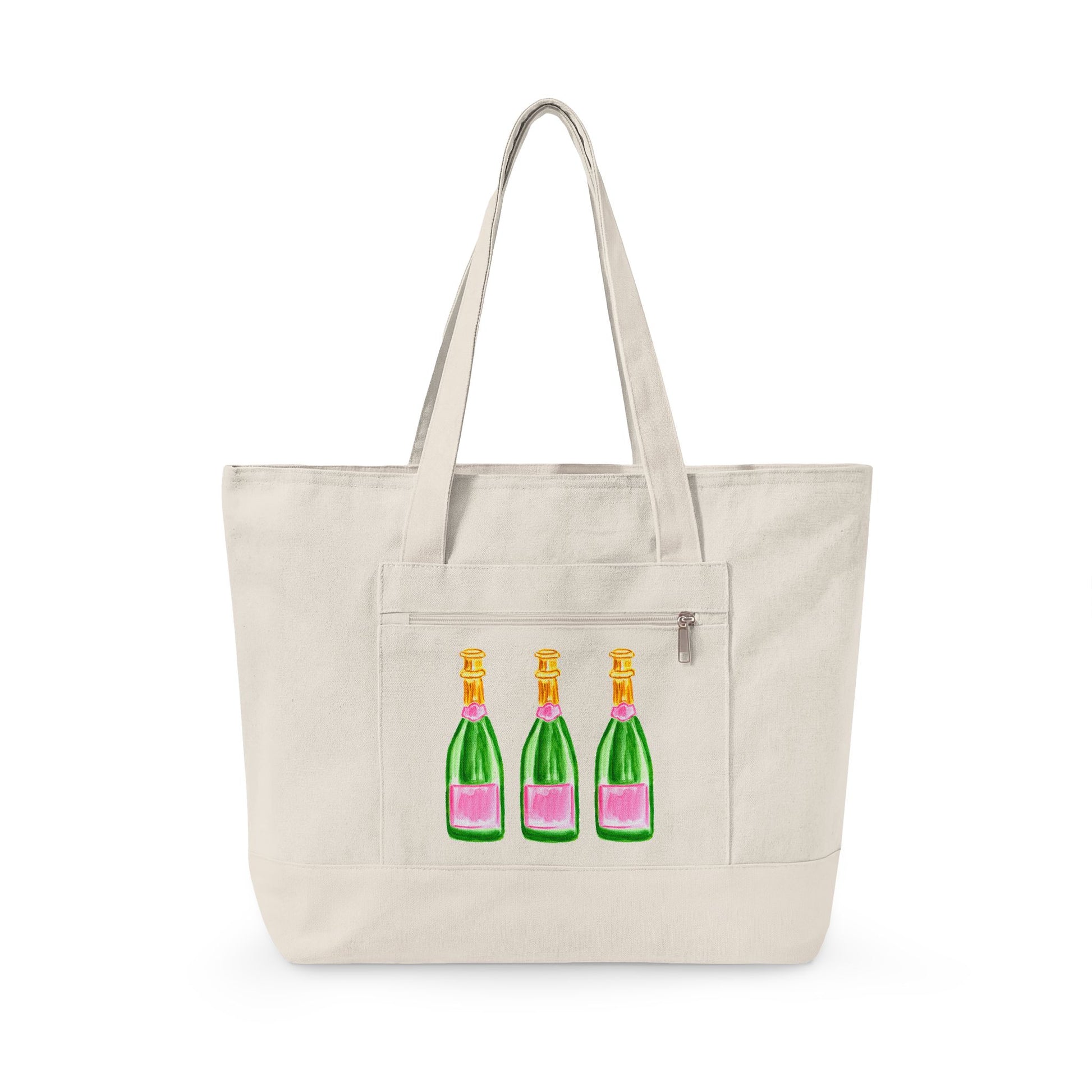 Pink & Green Champagne Bottle Trio Watercolor Printed Zippered Canvas Tote 18" x 14" | Various Colors 18" x 14" x 4.5" Natural