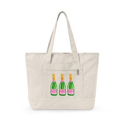 Pink & Green Champagne Bottle Trio Watercolor Printed Zippered Canvas Tote 18" x 14" | Various Colors 18" x 14" x 4.5" Natural