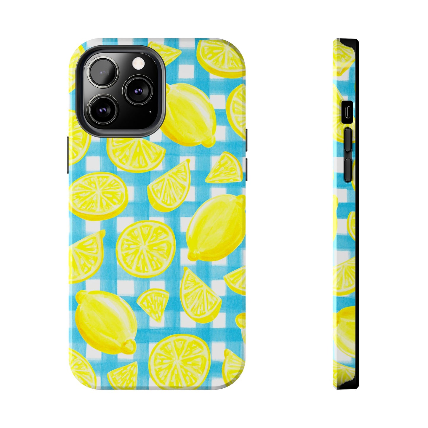 Bright Yellow Lemons Watercolor Illustrated Tossed Pattern Turquoise Gingham Tough Phone Case | Various Models