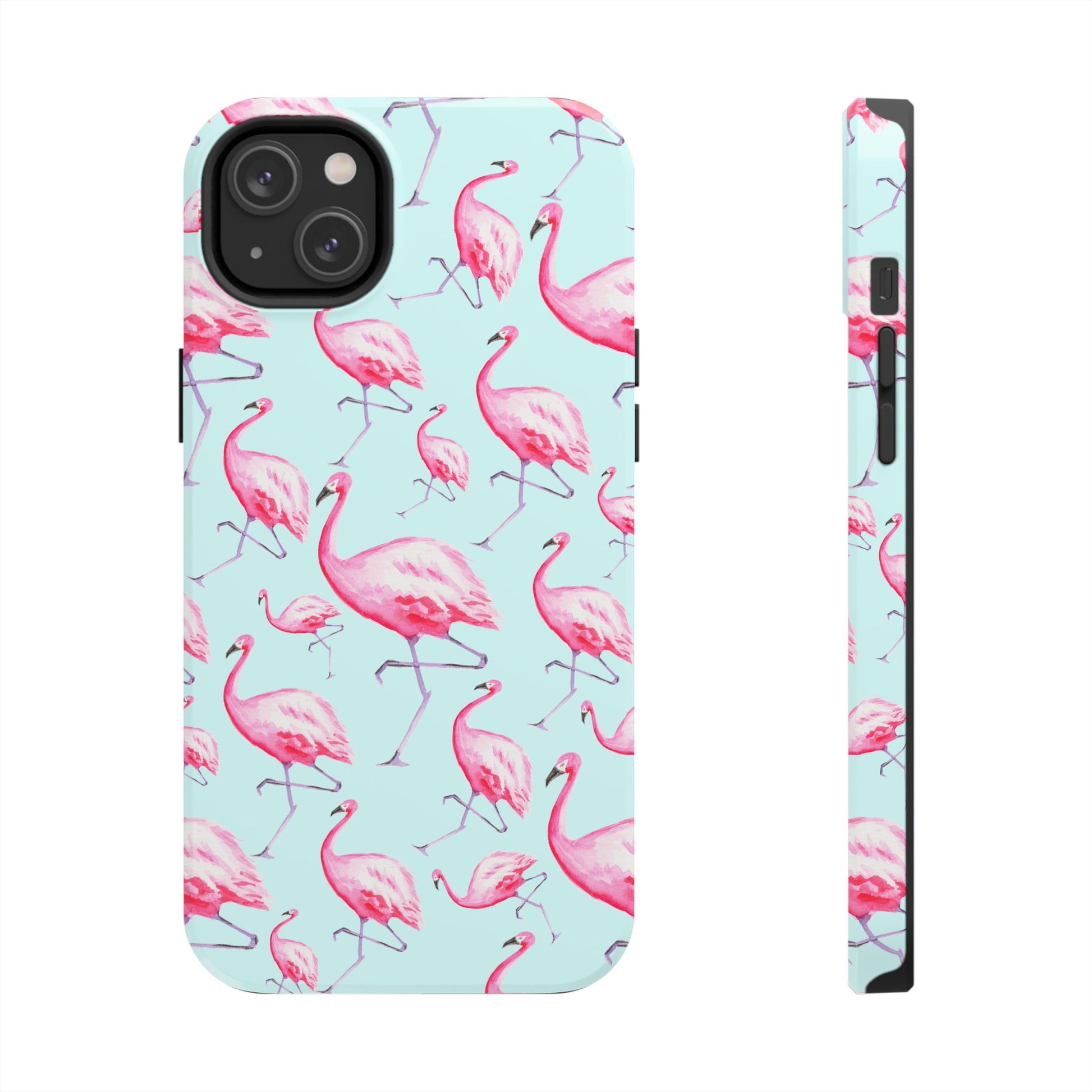 Pink Flamingos Watercolor Illustrated Tossed Pattern Blue Phone Case | Various Models iPhone 14 Plus