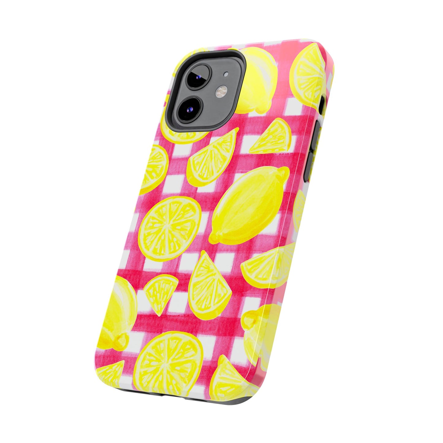 Yellow Lemons & Hot Pink Gingham Watercolor Illustrated Tough Phone Case | Various Models Available