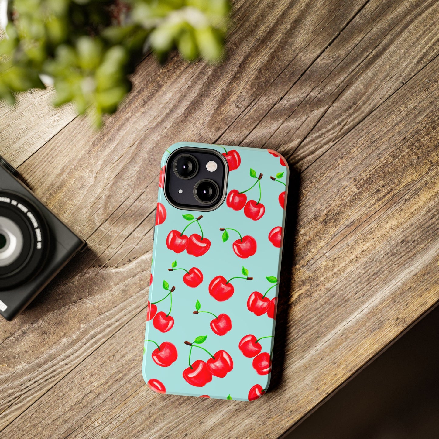Tossed Red Watercolor Cherries Illustrated Pattern Bright Blue Tough Phone Case | Various Models