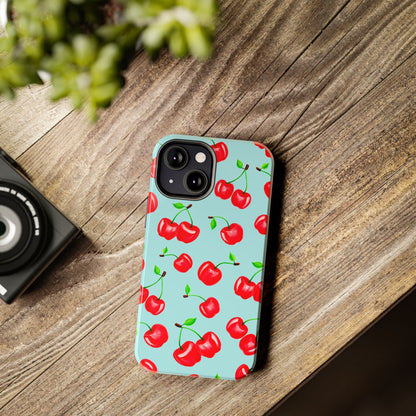 Tossed Red Watercolor Cherries Illustrated Pattern Bright Blue Tough Phone Case | Various Models