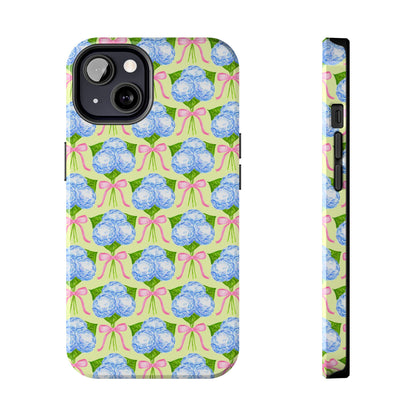 Blue Watercolor Hydrangea Bouquets with Light Pink Bows Watercolor Illustrated Patterned Yellow Tough Phone Case | Various Models