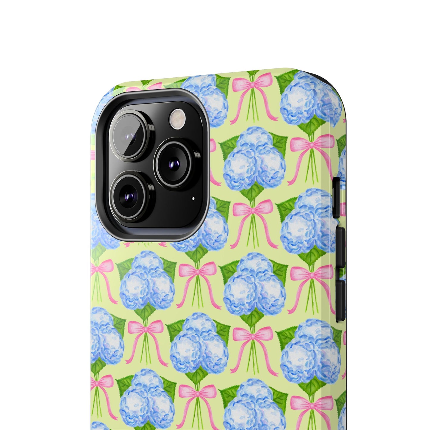 Blue Watercolor Hydrangea Bouquets with Light Pink Bows Watercolor Illustrated Patterned Yellow Tough Phone Case | Various Models