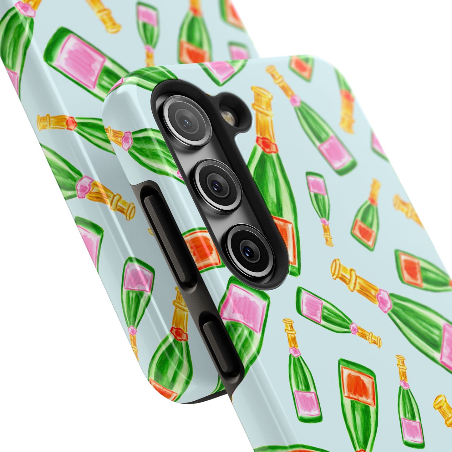 Tossed Pink and Green & Orange and Green Watercolor Illustrated Champagne Bottles Pattern Light Blue Tough Phone Case | Various Models