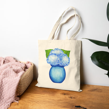 Canvas Book Tote | Blue Hydrangeas in a Blue Vase Watercolor Printed Farmers Market Tote | Preppy Coastal Gift Hostess