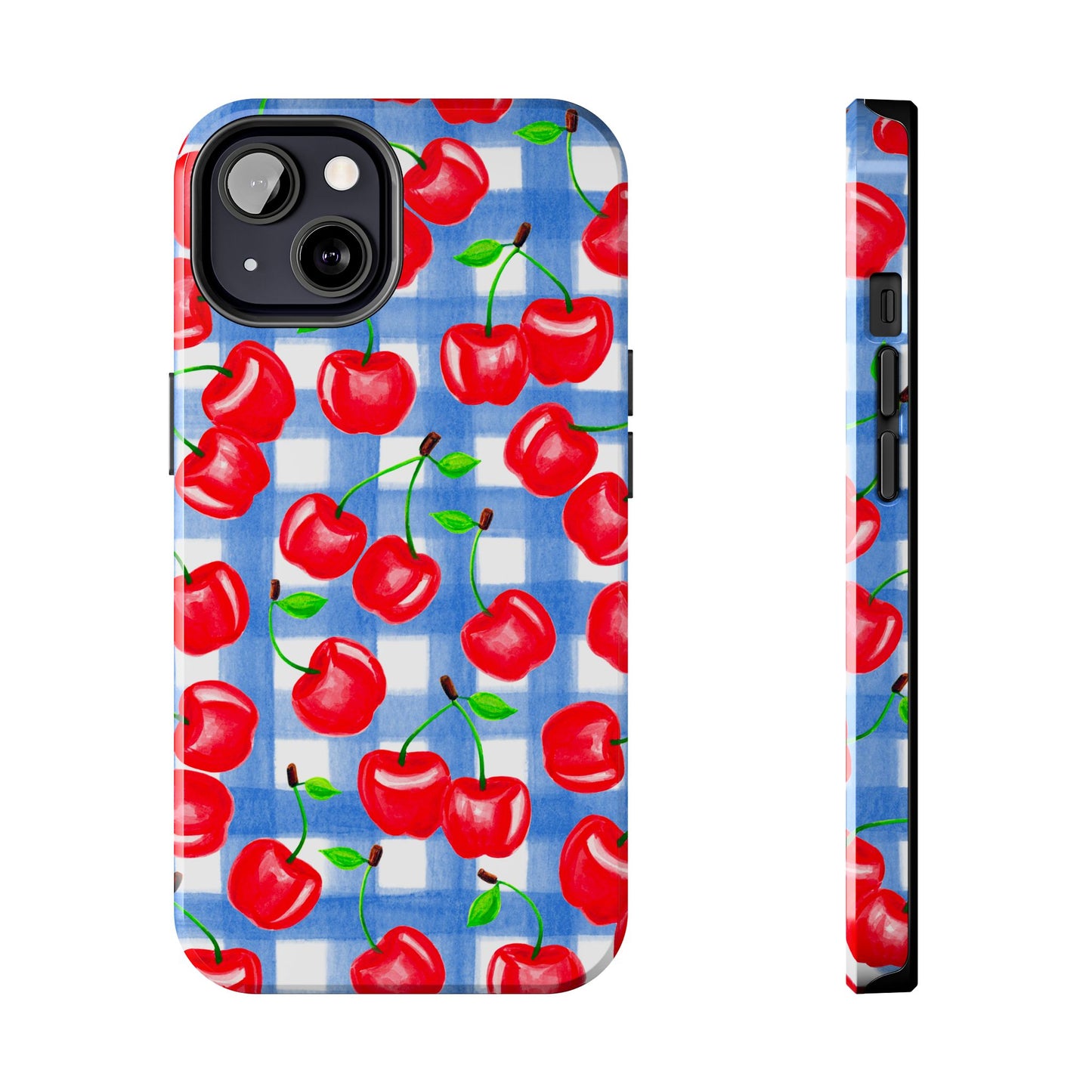 Tossed Red Cherries Blue Gingham Checkered Watercolor Illustrated Tough Phone Case | Various Models