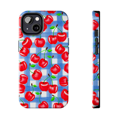 Tossed Red Cherries Blue Gingham Checkered Watercolor Illustrated Tough Phone Case | Various Models