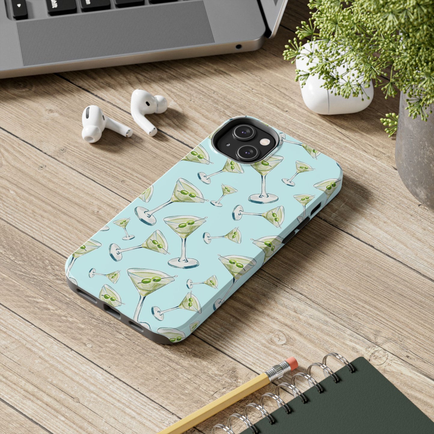Watercolor Blue and Green Martinis Tossed Illustrated Pattern Turquoise Blue Tough Phone Case | Various Models
