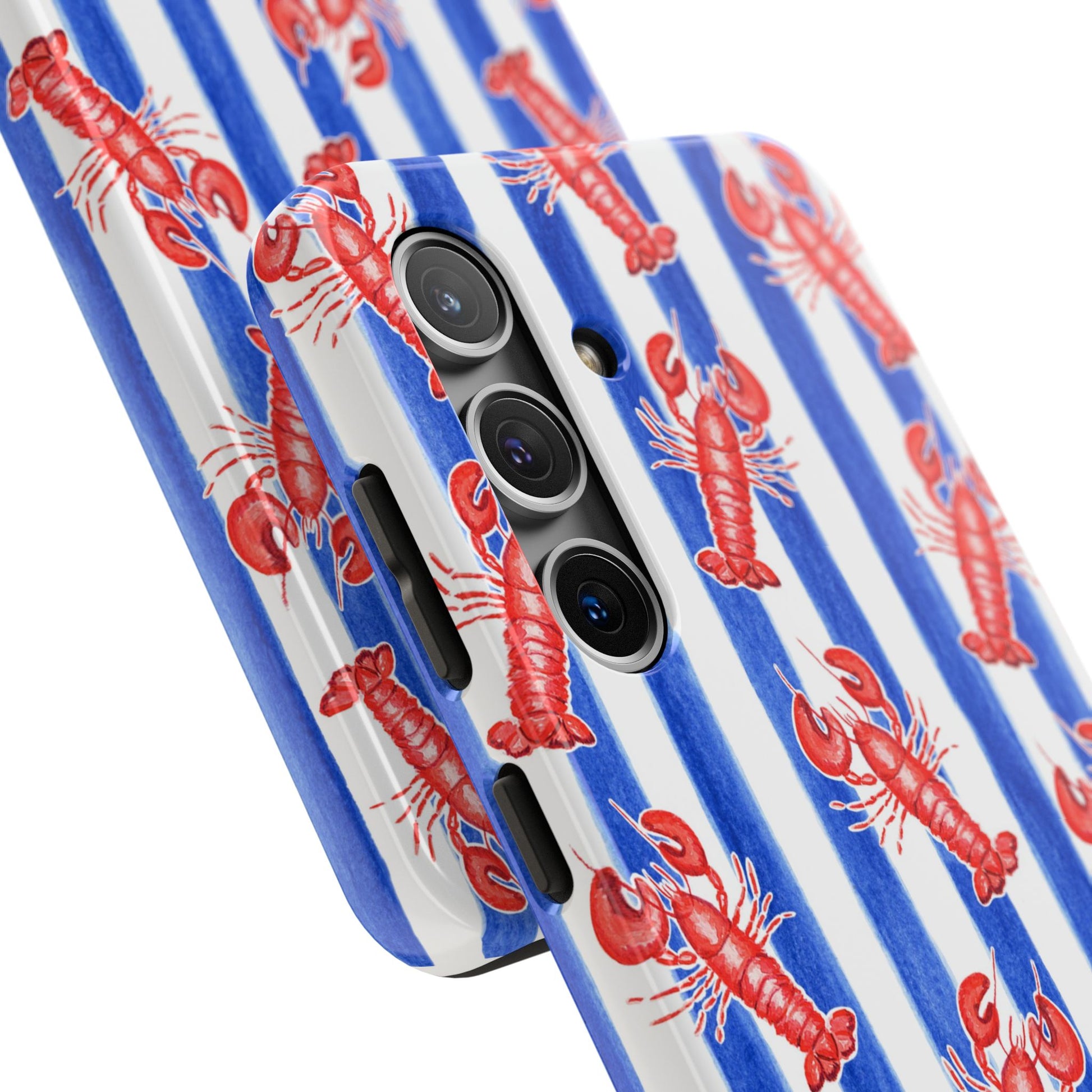Blue & White Strip Red Lobster Watercolor Patterned Phone Case | Various Models