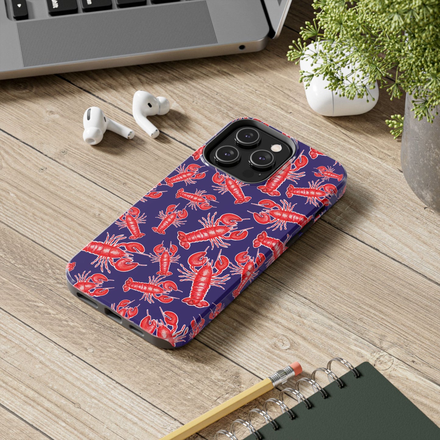 Red Lobster Watercolor Illustrated Tossed Pattern Navy Coastal Nautical Tough Phone Case | Various Models
