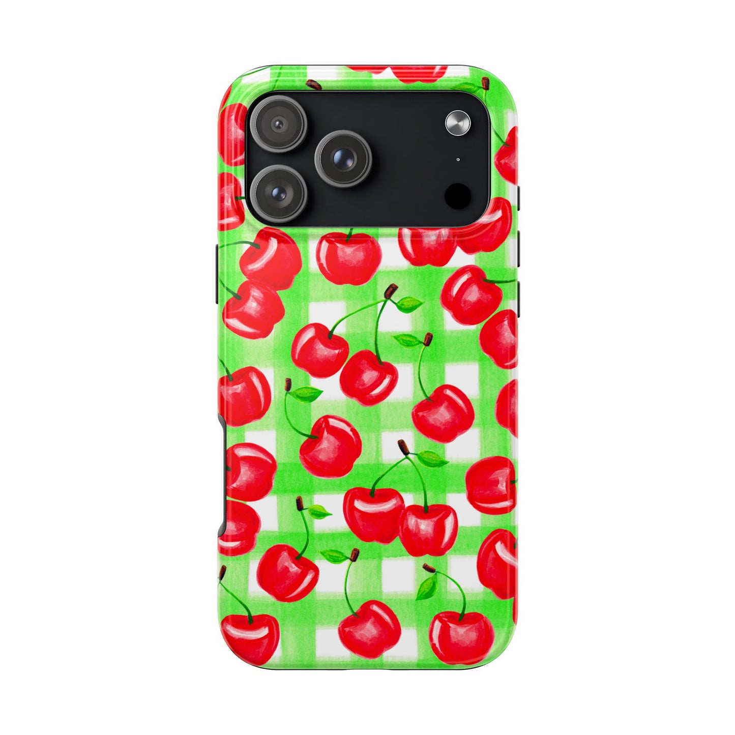Red Tossed Cherries Green Gingham Watercolor Illustrated Tough Phone Case | Various Models Available