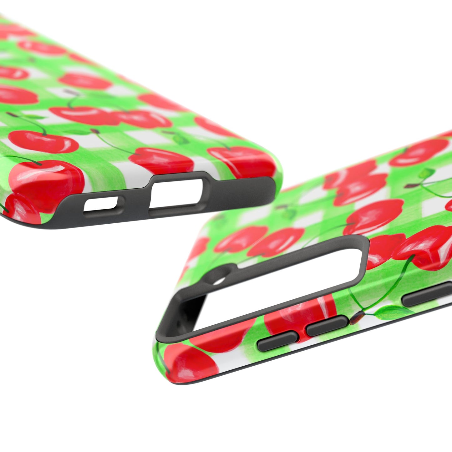 Red Tossed Cherries Green Gingham Watercolor Illustrated Tough Phone Case | Various Models Available