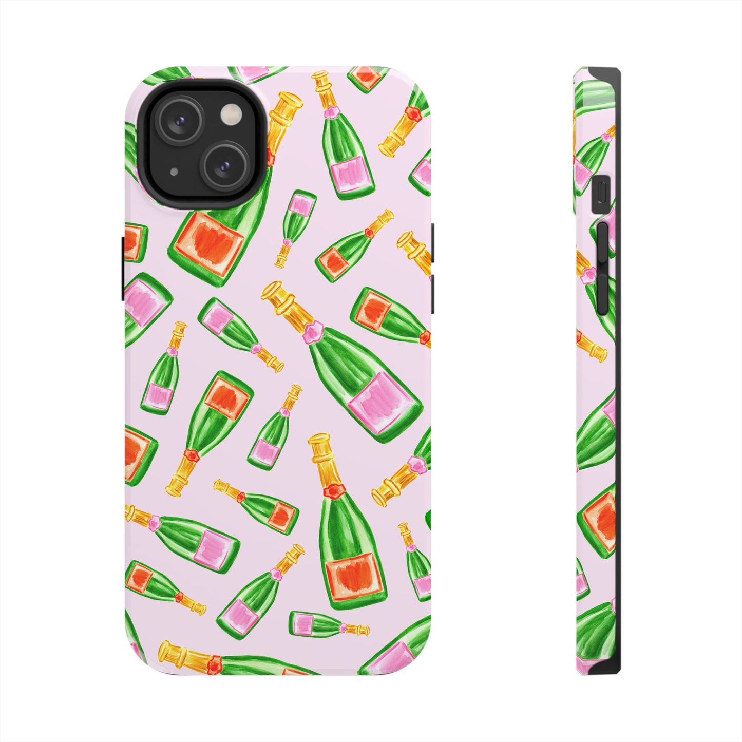 Tossed Pink and Green & Orange and Green Watercolor Illustrated Champagne Bottles Pattern Blush Pink Tough Phone Case | Various Models