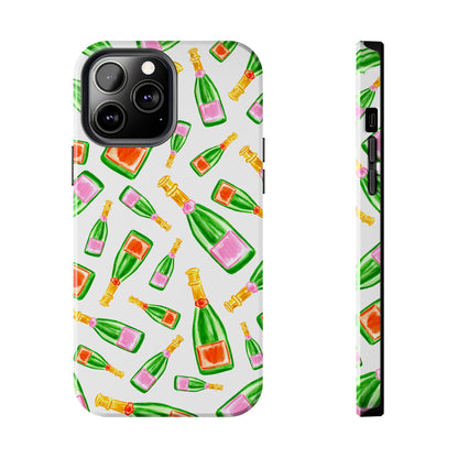 Tossed Pink and Green & Orange and Green Watercolor Illustrated Champagne Bottles Pattern Tough Phone Case | Various Models