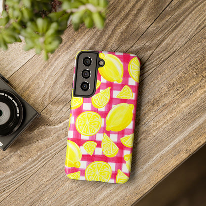 Yellow Lemons & Hot Pink Gingham Watercolor Illustrated Tough Phone Case | Various Models Available