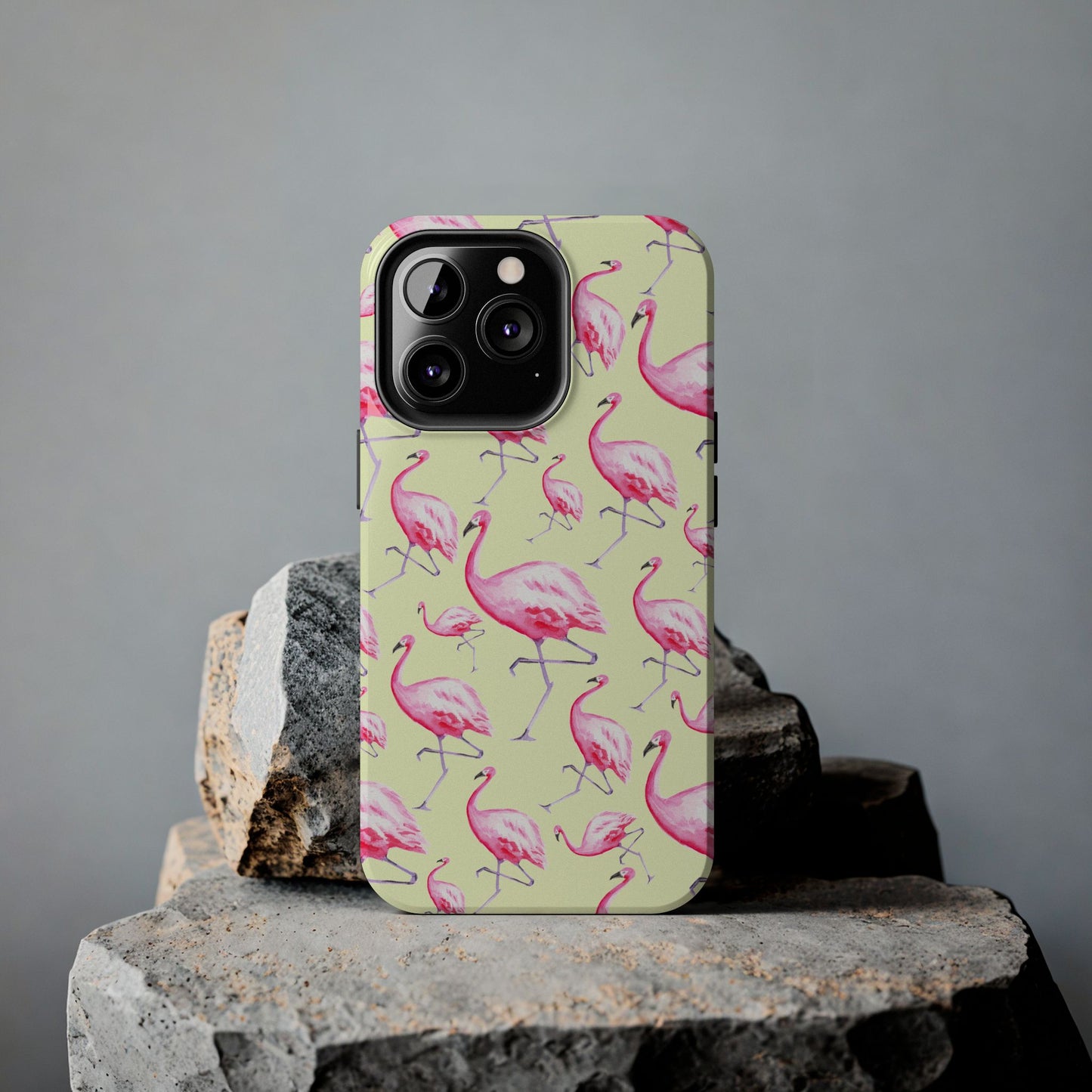 Pink Flamingos Watercolor Illustrated Tossed Pattern Yellow Phone Case | Various Models