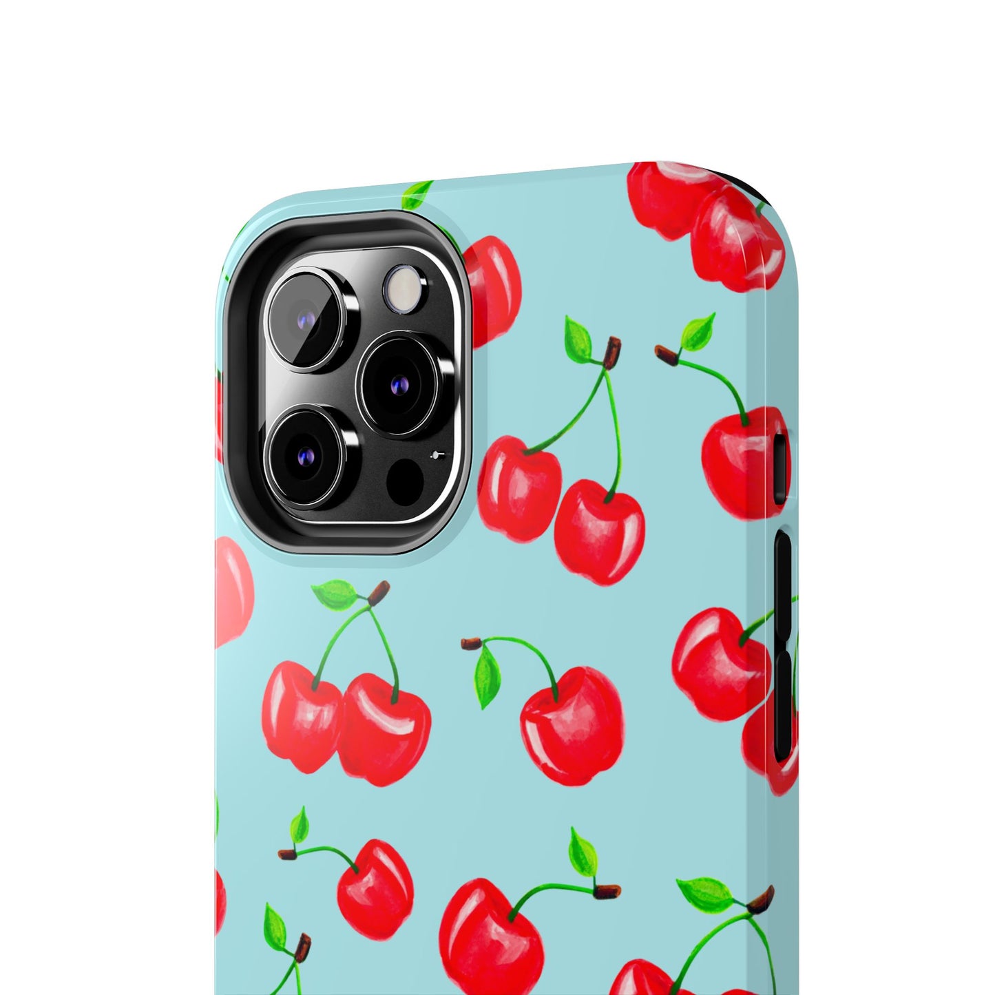 Tossed Red Watercolor Cherries Illustrated Pattern Bright Blue Tough Phone Case | Various Models