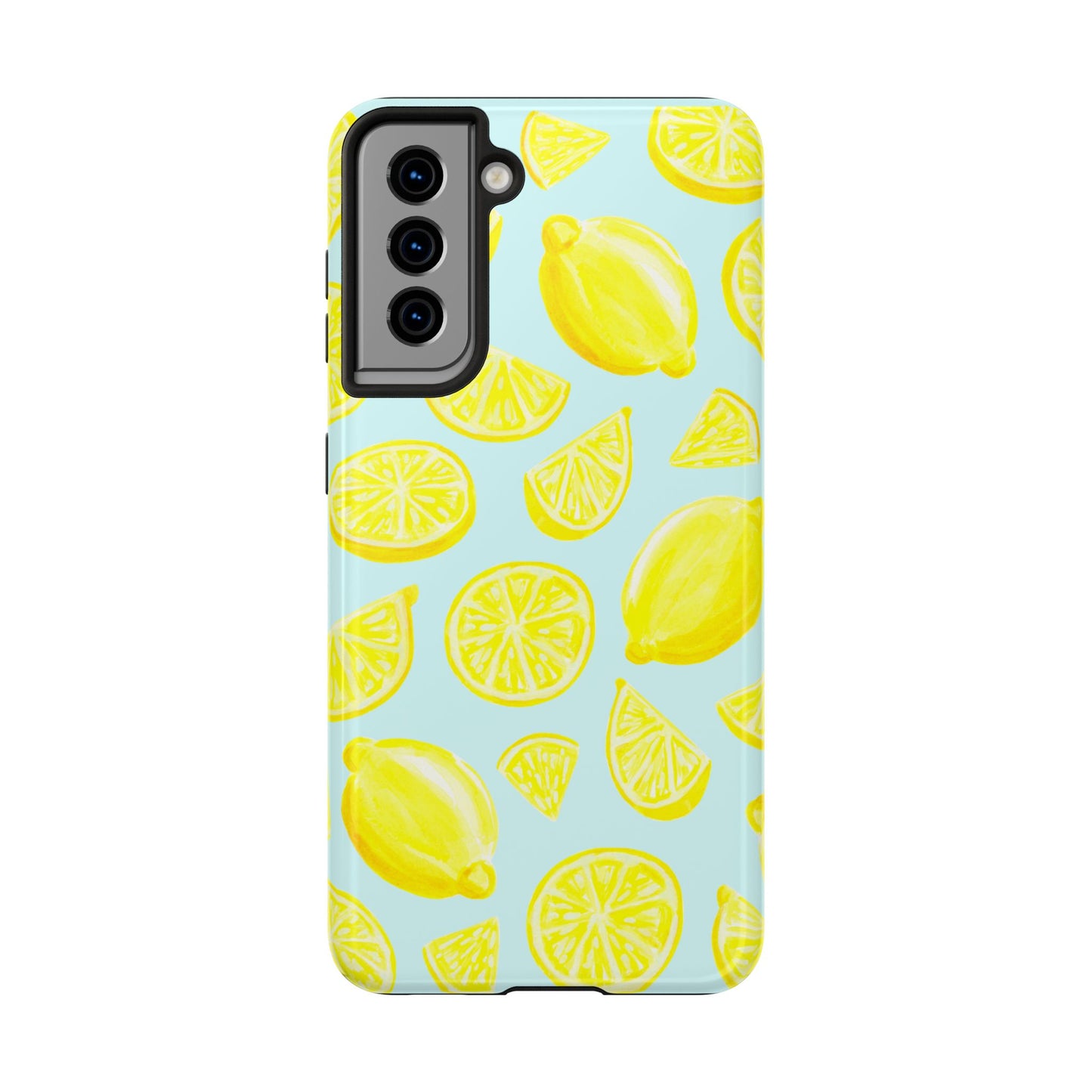 Bright Yellow Lemons Watercolor Illustrated Tossed Pattern Light Blue Tough Phone Case | Various Models