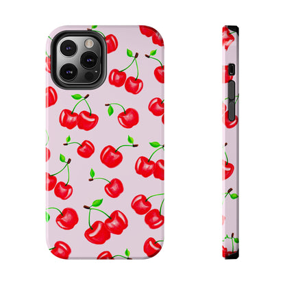 Tossed Red Watercolor Cherries Illustrated Pattern Light Pink Tough Phone Case | Various Models