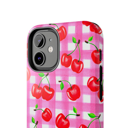 Tossed Red Watercolor Cherries Illustrated Pattern Light Pink Gingham Tough Phone Case | Various Models