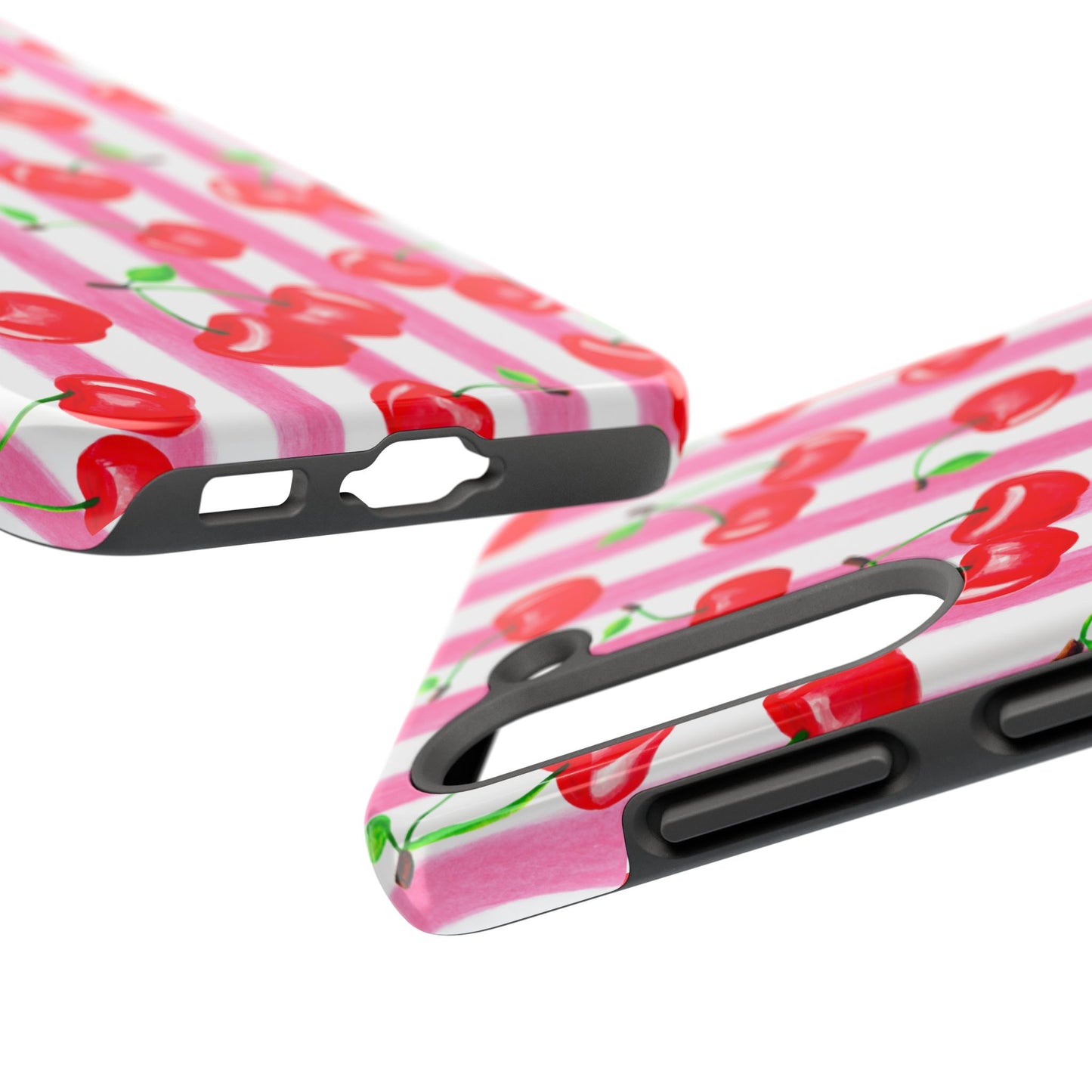Tossed Red Watercolor Cherries Illustrated Pattern Light Pink Stripes Tough Phone Case | Various Models