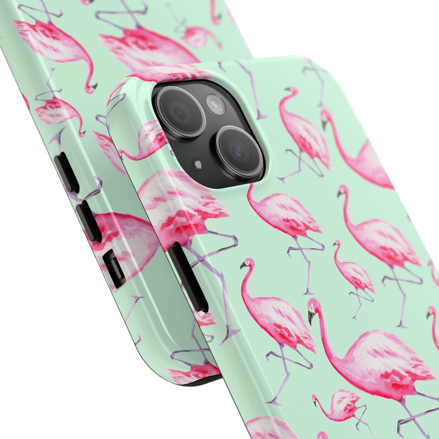 Pink Flamingos Watercolor Illustrated Tossed Pattern Green Phone Case | Various Models