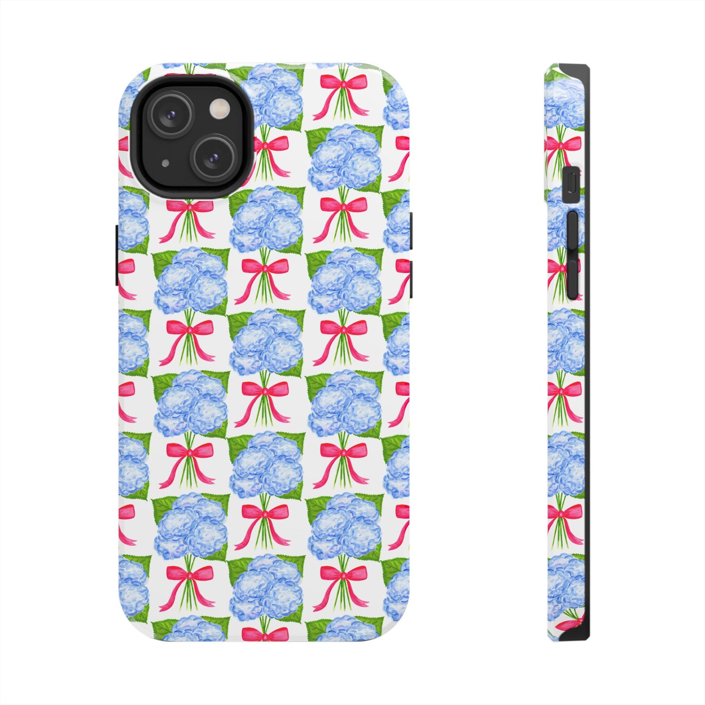 Blue Watercolor Hydrangea Bouquets with Hot Pink Bows Illustrated Patterned Tough Phone Case | Various Models