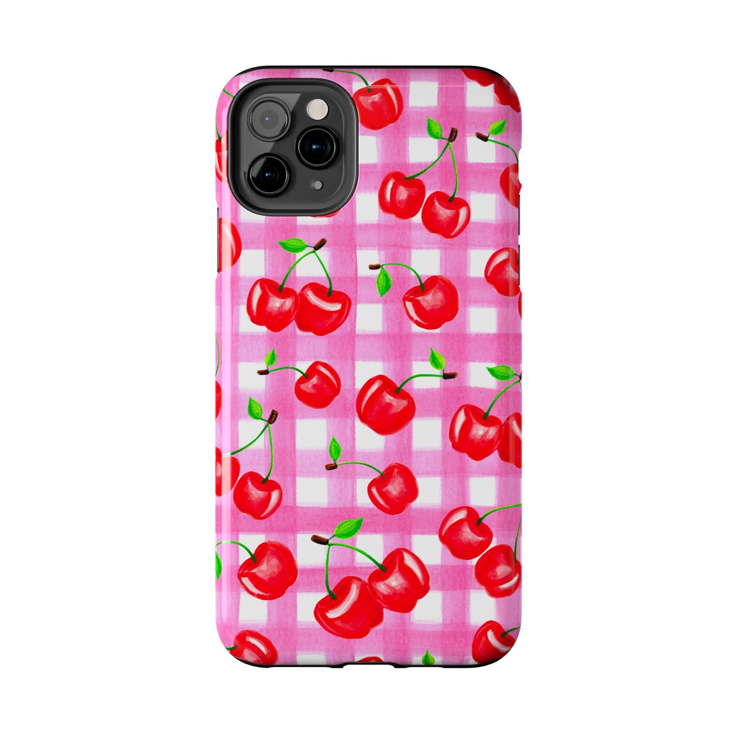 Tossed Red Watercolor Cherries Illustrated Pattern Light Pink Gingham Tough Phone Case | Various Models