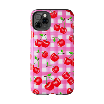 Tossed Red Watercolor Cherries Illustrated Pattern Light Pink Gingham Tough Phone Case | Various Models