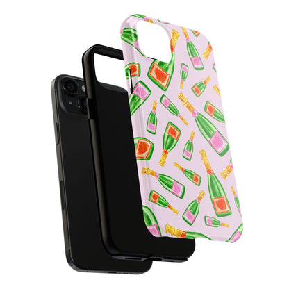 Tossed Pink and Green & Orange and Green Watercolor Illustrated Champagne Bottles Pattern Blush Pink Tough Phone Case | Various Models
