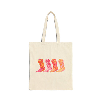 Canvas Tote | Row of Hot Pink and Orange Cowboy Boot Watercolor Illustrated Tote Bag | Western Preppy Gift | Coastal Cowgirl Market Tote Natural 15" x 16"