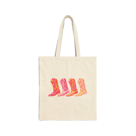 Canvas Tote | Hot Pink and Orange Cowboy Boot Watercolor Illustrated Tote Bag | Western Preppy Gift | Coastal Cowgirl Market Tote