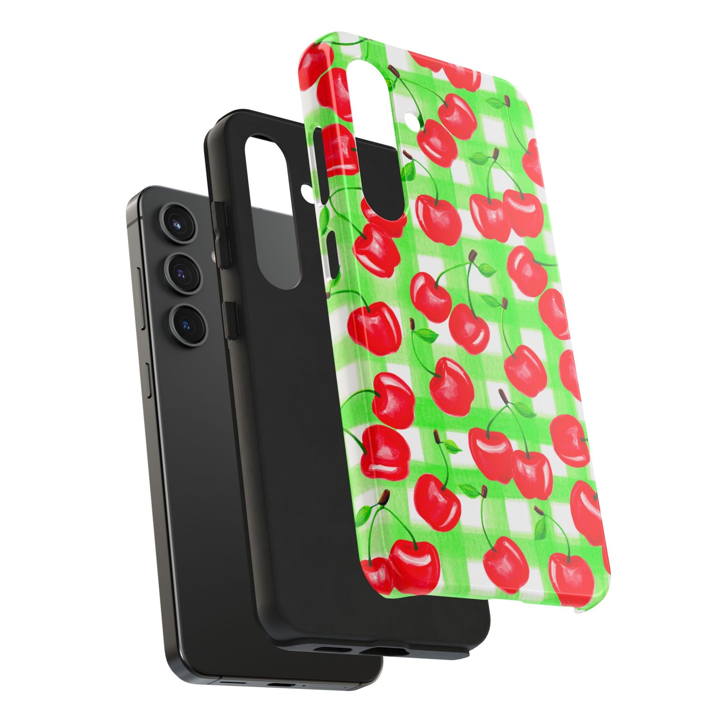 Red Tossed Cherries Green Gingham Watercolor Illustrated Tough Phone Case | Various Models Available