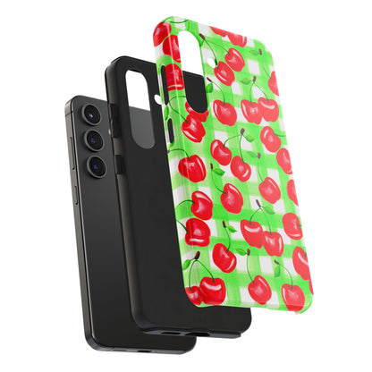 Red Tossed Cherries Green Gingham Watercolor Illustrated Tough Phone Case | Various Models Available