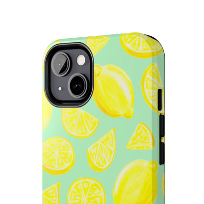 Bright Yellow Lemons Watercolor Illustrated Tossed Pattern Mint Green Tough Phone Case | Various Models