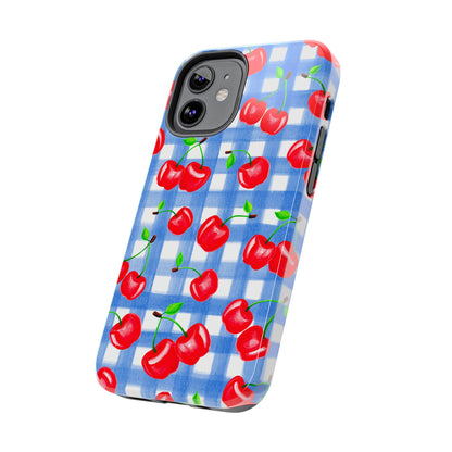 Tossed Red Watercolor Illustrated Cherries Light Blue Gingham Tough Phone Case | Various Models