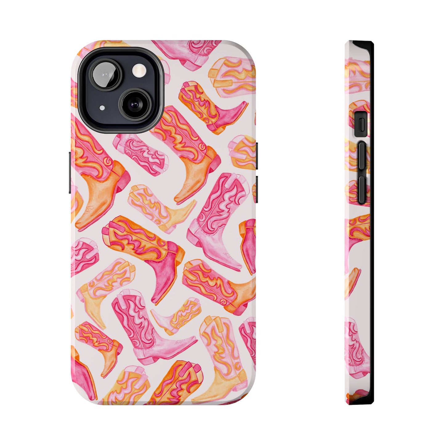 Tossed Hot Pink & Orange Watercolor Cowboy Boots Tough Light Pink Phone Case | Various Models Available iPhone 13
