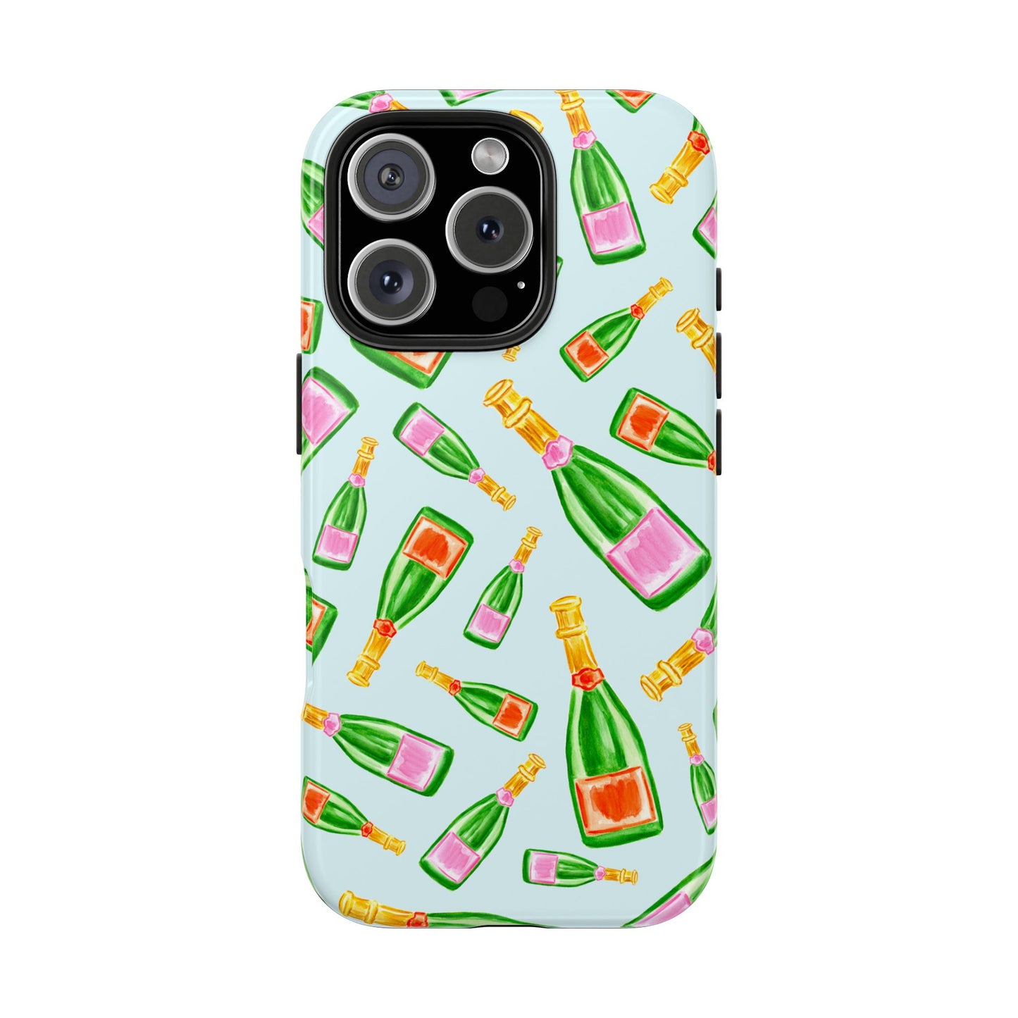 Tossed Pink and Green & Orange and Green Watercolor Illustrated Champagne Bottles Pattern Light Blue Tough Phone Case | Various Models