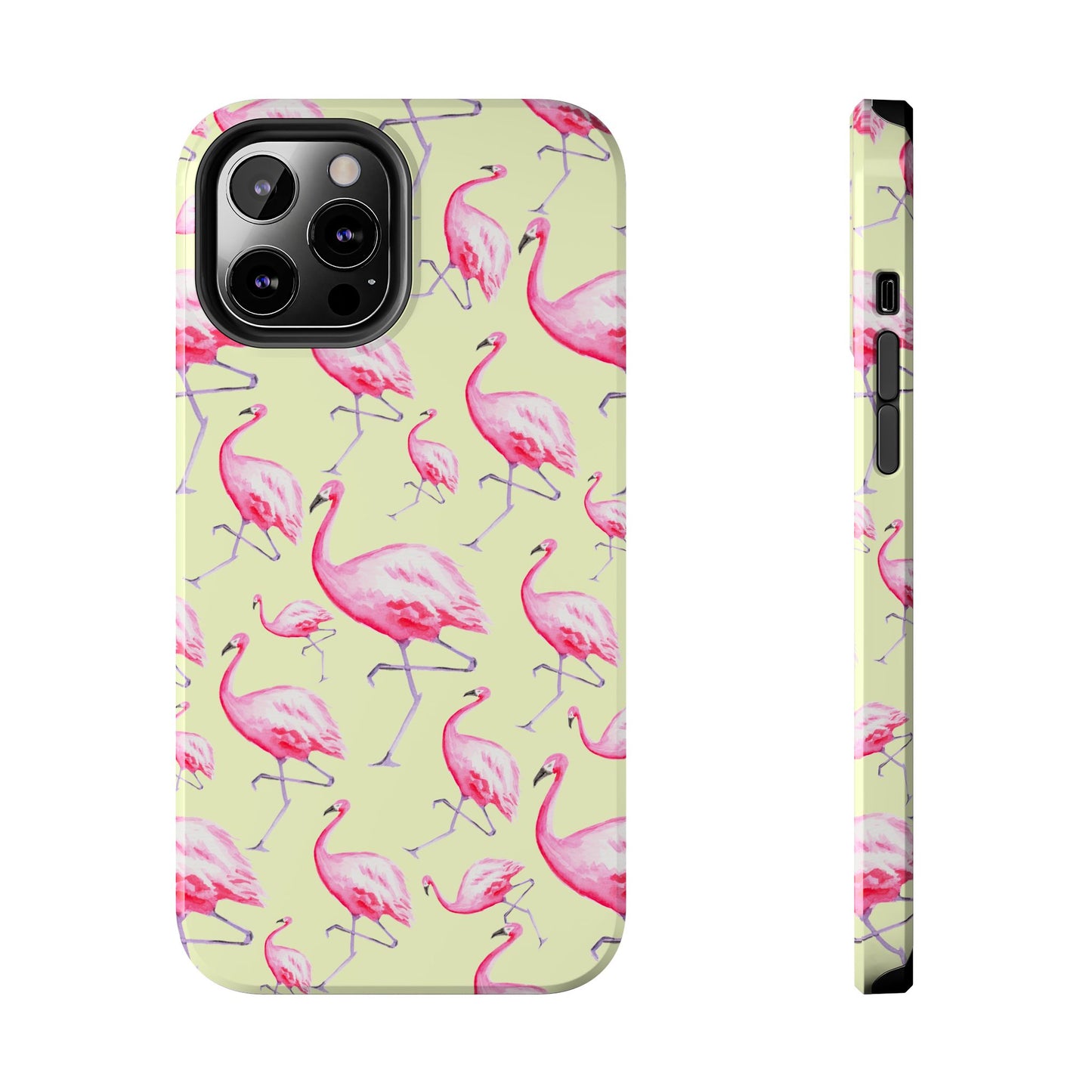 Pink Flamingos Watercolor Illustrated Tossed Pattern Yellow Phone Case | Various Models iPhone 12 Pro Max
