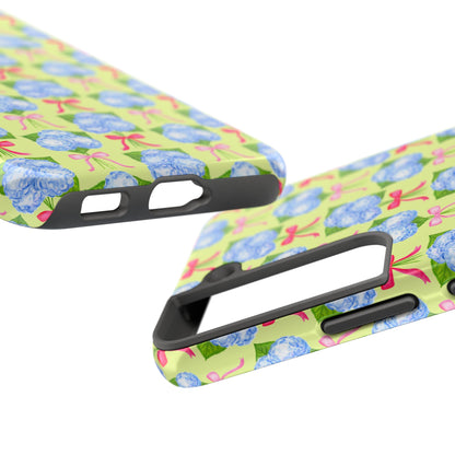 Watercolor Blue Hydrangea Bouquets with Hot Pink and Light Pink Bow Ribbons Illustrated Pattern Yellow Tough Phone Case | Various Models