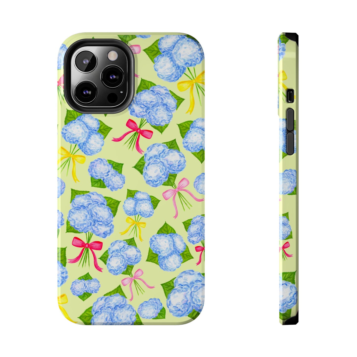 Blue Watercolor Hydrangea Bunches with Hot Pink, Yellow, Light Pink Bows Illustrated Patterned Yellow Tough Phone Case | Various Models