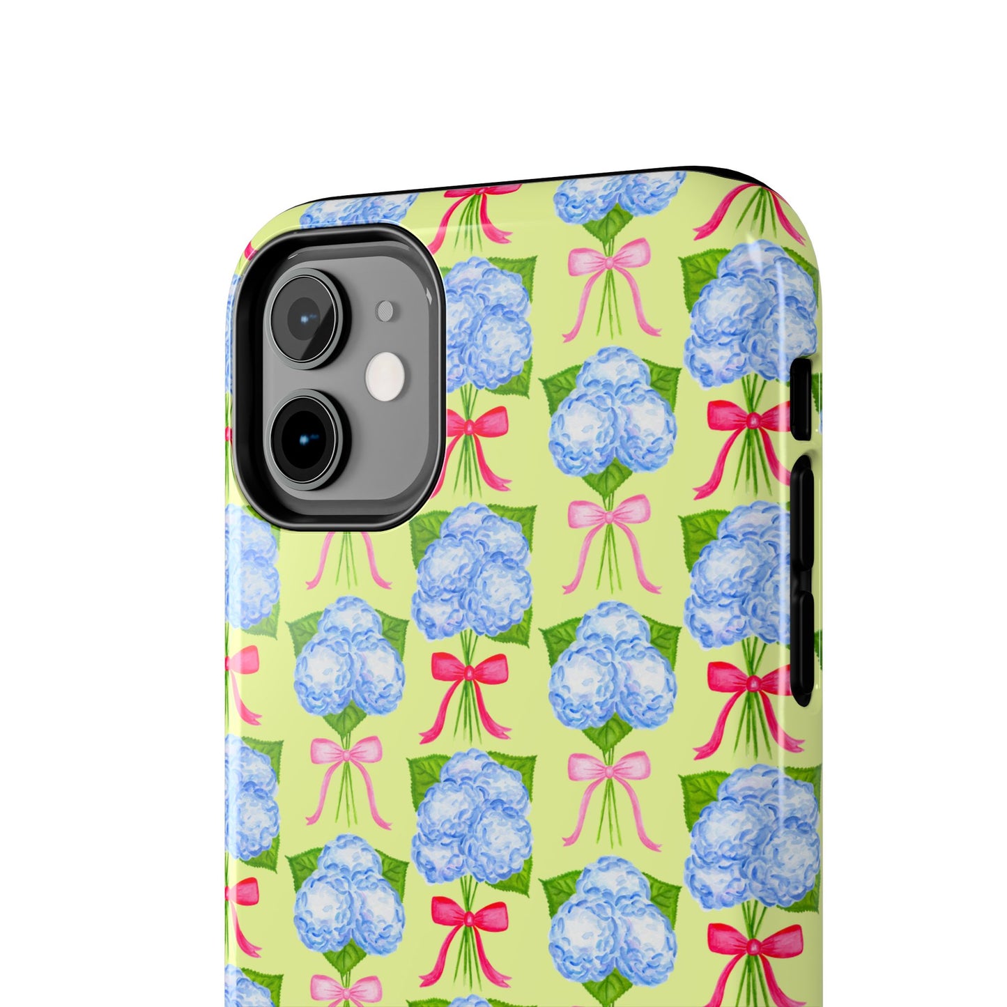Watercolor Blue Hydrangea Bouquets with Hot Pink and Light Pink Bow Ribbons Illustrated Pattern Yellow Tough Phone Case | Various Models