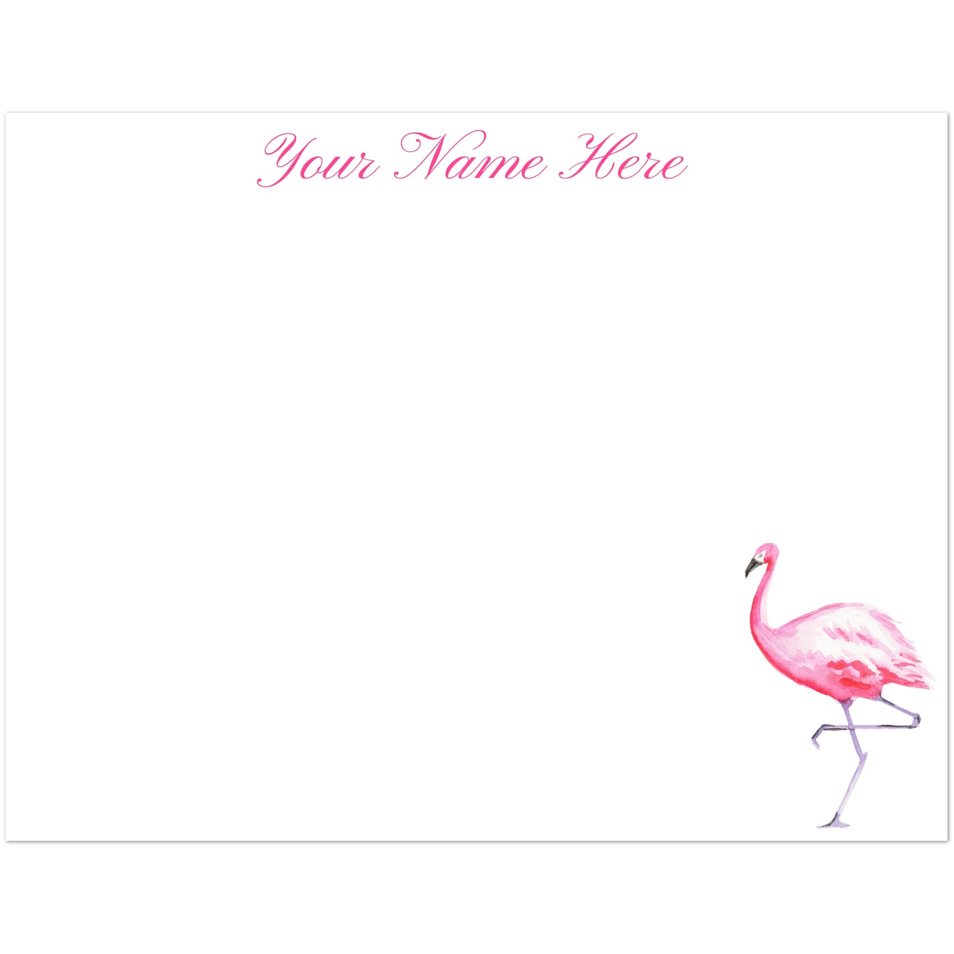 Personalized Pink Flamingo Watercolor Illustrated Flat Notecards | Set of 10 Cards & Envelopes | 2 Sizes 4.25x5.5″ (SM)