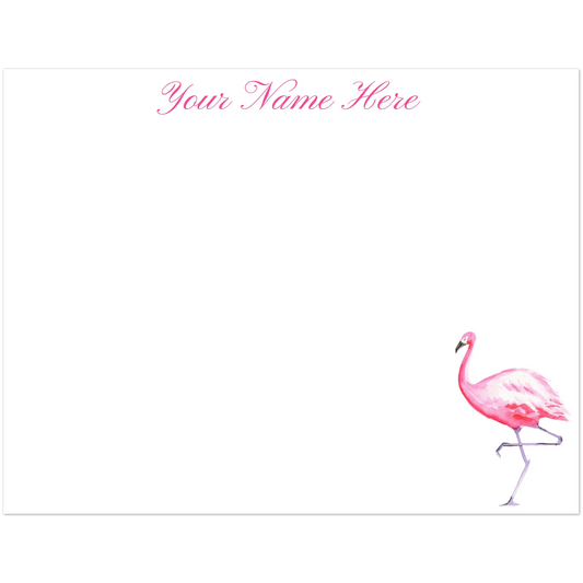 Personalized Pink Flamingo Watercolor Illustrated Flat Notecards | Set of 10 Cards & Envelopes | 2 Sizes 4.25x5.5″ (SM)