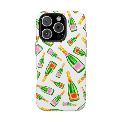 Tossed Pink and Green & Orange and Green Watercolor Illustrated Champagne Bottles Pattern Tough Phone Case | Various Models